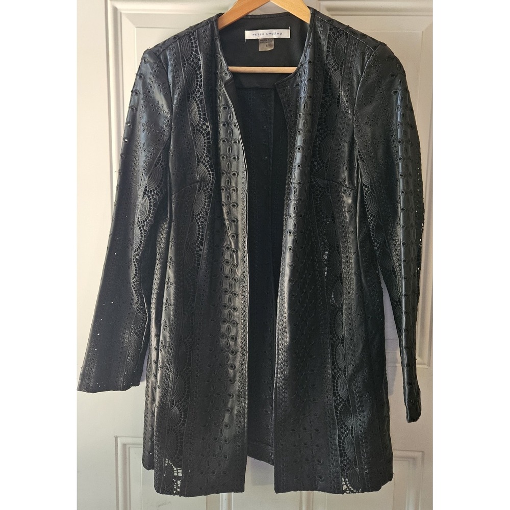 Vintage Peter Nygård Black Faux‎ Leather Eyelet Lace Open Front Duster Jacket...